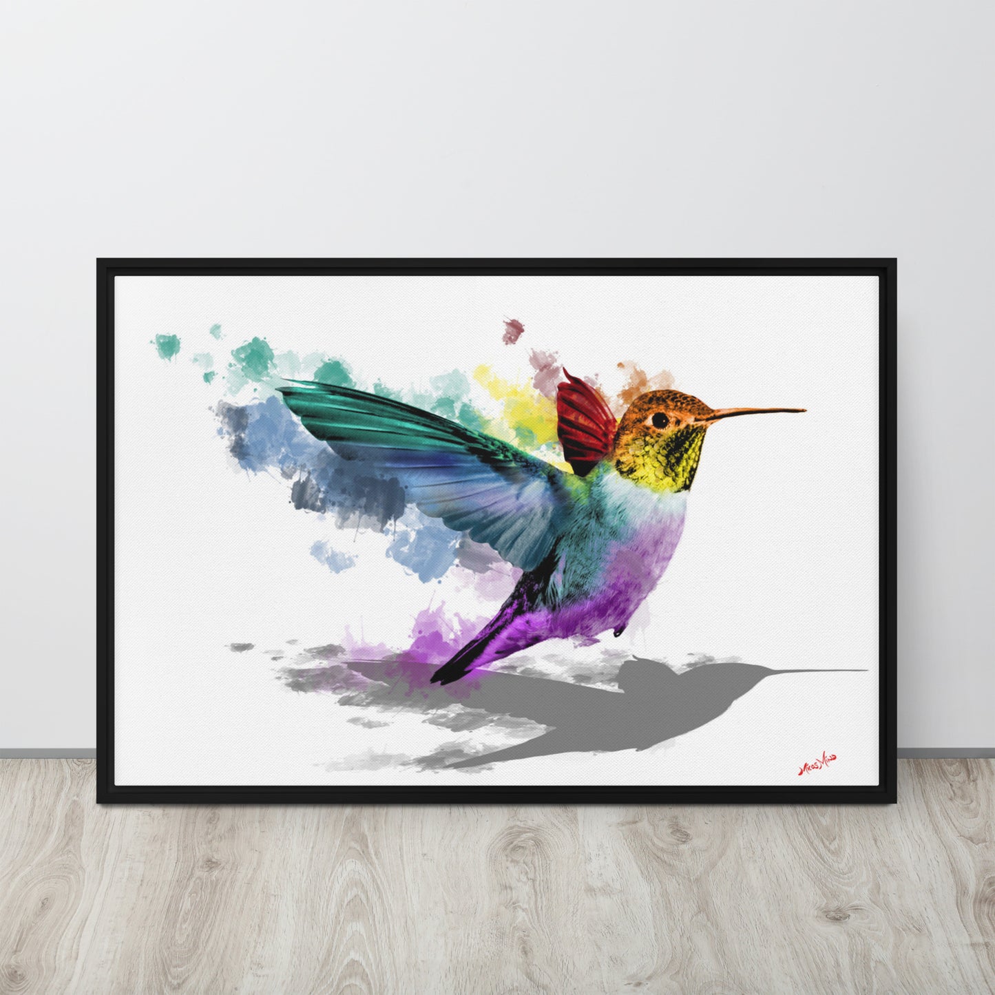 “Hummingbird Bursting into Color” Framed canvas 24”x36”